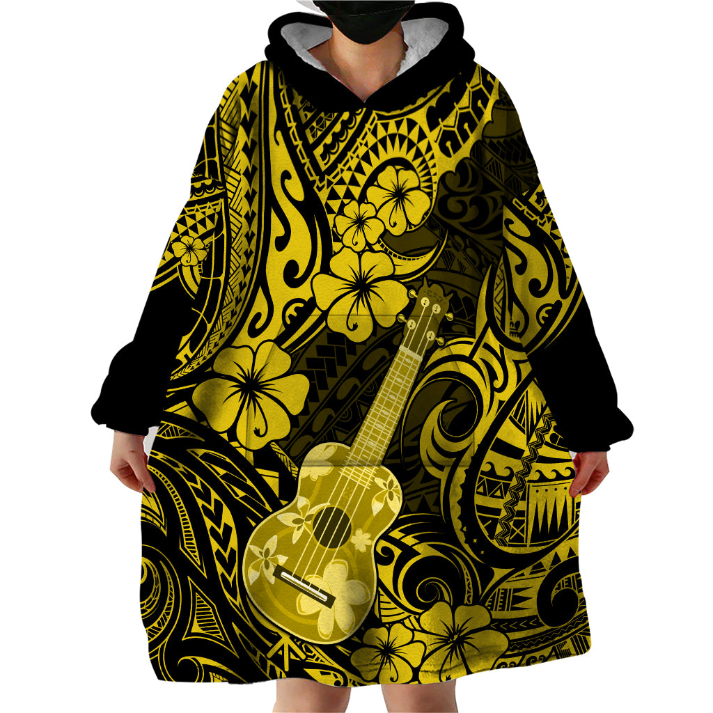 Hawaii Ukulele Wearable Blanket Hoodie Polynesian Pattern Yellow Version - Wonder Print Shop