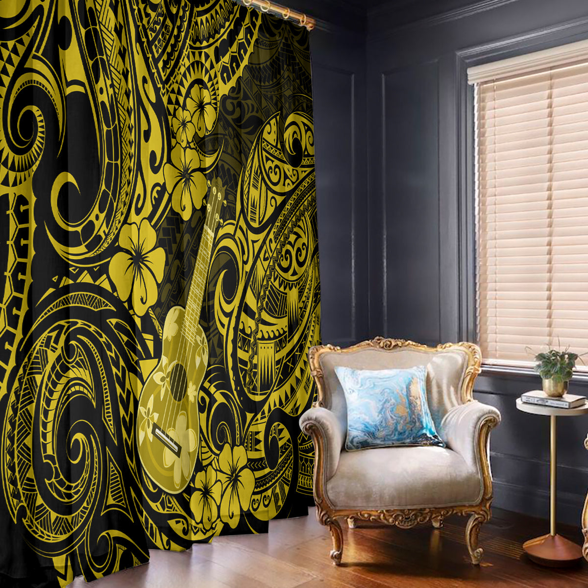 Hawaii Ukulele Window Curtain Polynesian Pattern Yellow Version - Wonder Print Shop