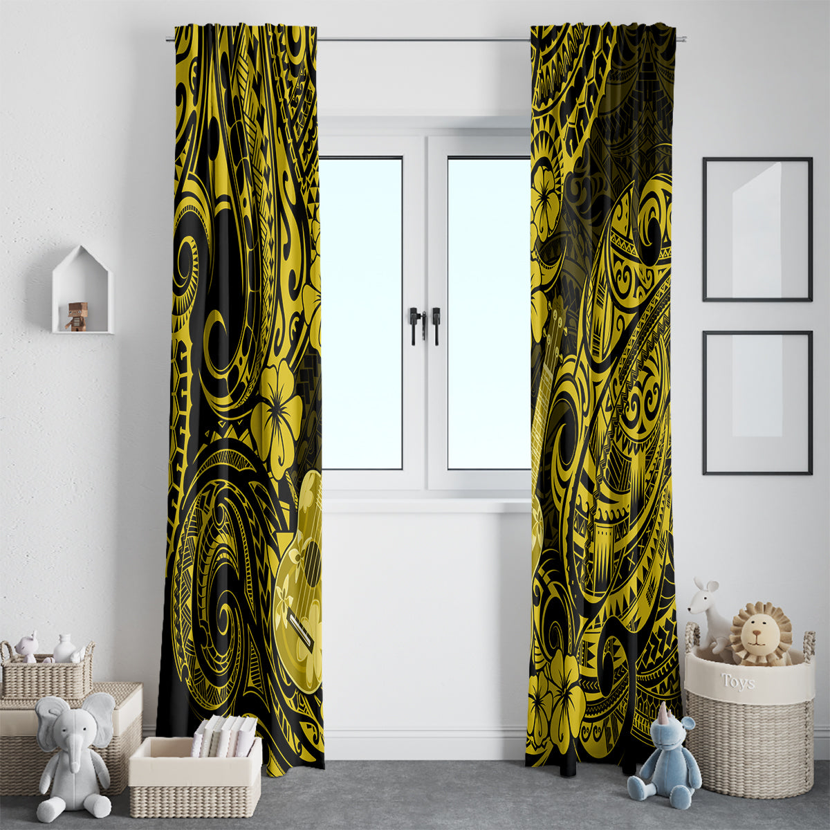 Hawaii Ukulele Window Curtain Polynesian Pattern Yellow Version - Wonder Print Shop