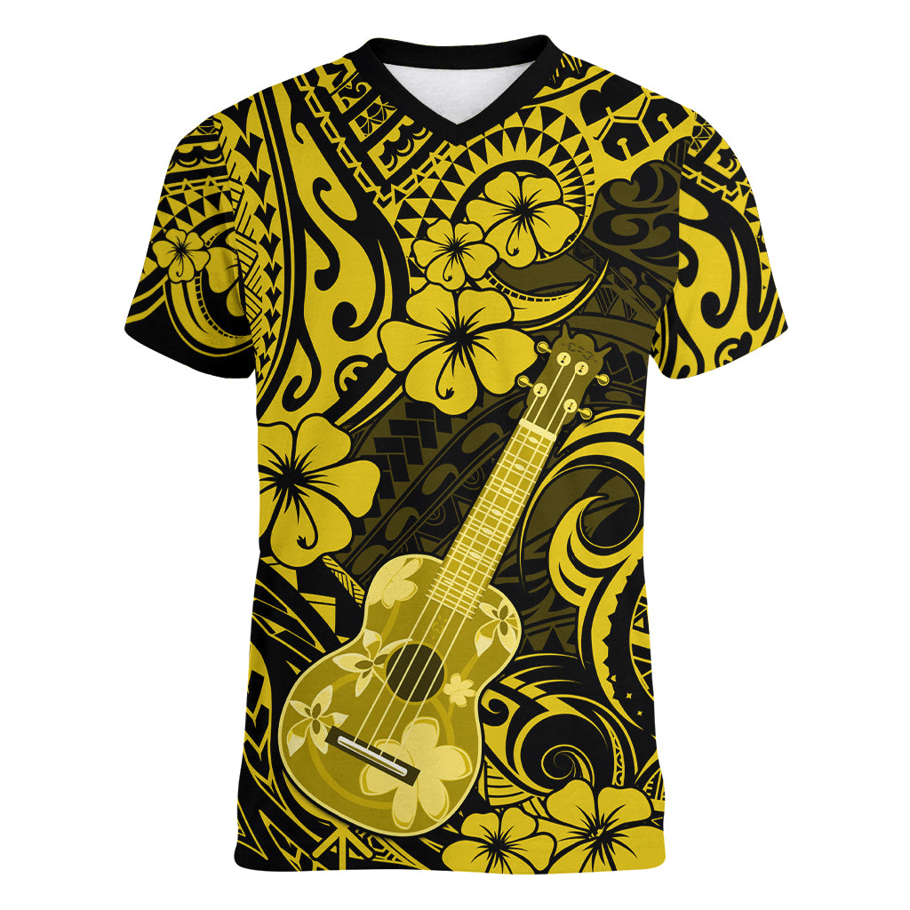 Hawaii Ukulele Women V Neck T Shirt Polynesian Pattern Yellow Version - Wonder Print Shop