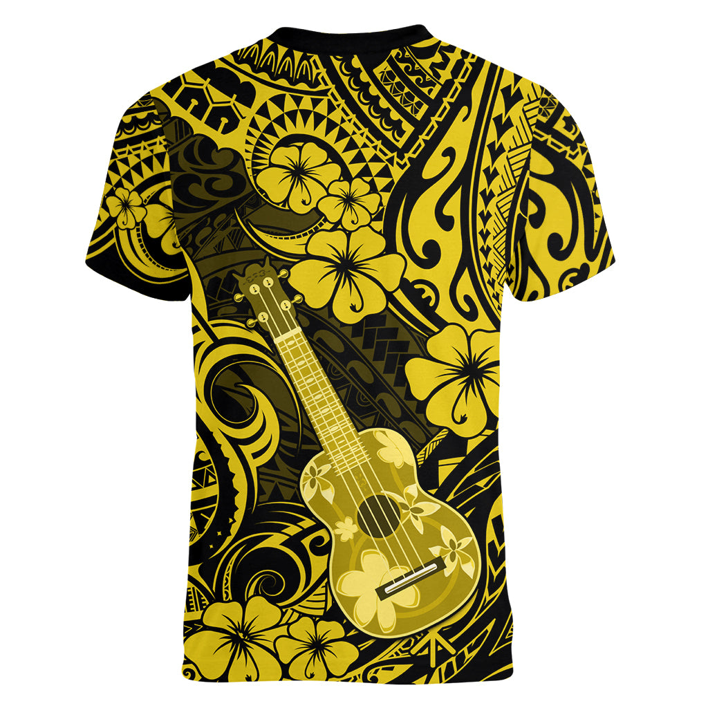 Hawaii Ukulele Women V Neck T Shirt Polynesian Pattern Yellow Version - Wonder Print Shop