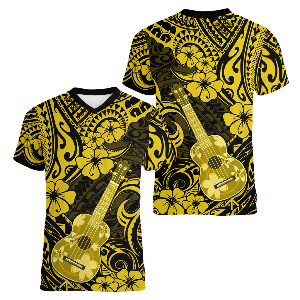 Hawaii Ukulele Women V Neck T Shirt Polynesian Pattern Yellow Version - Wonder Print Shop