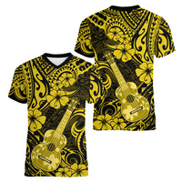 Hawaii Ukulele Women V Neck T Shirt Polynesian Pattern Yellow Version - Wonder Print Shop