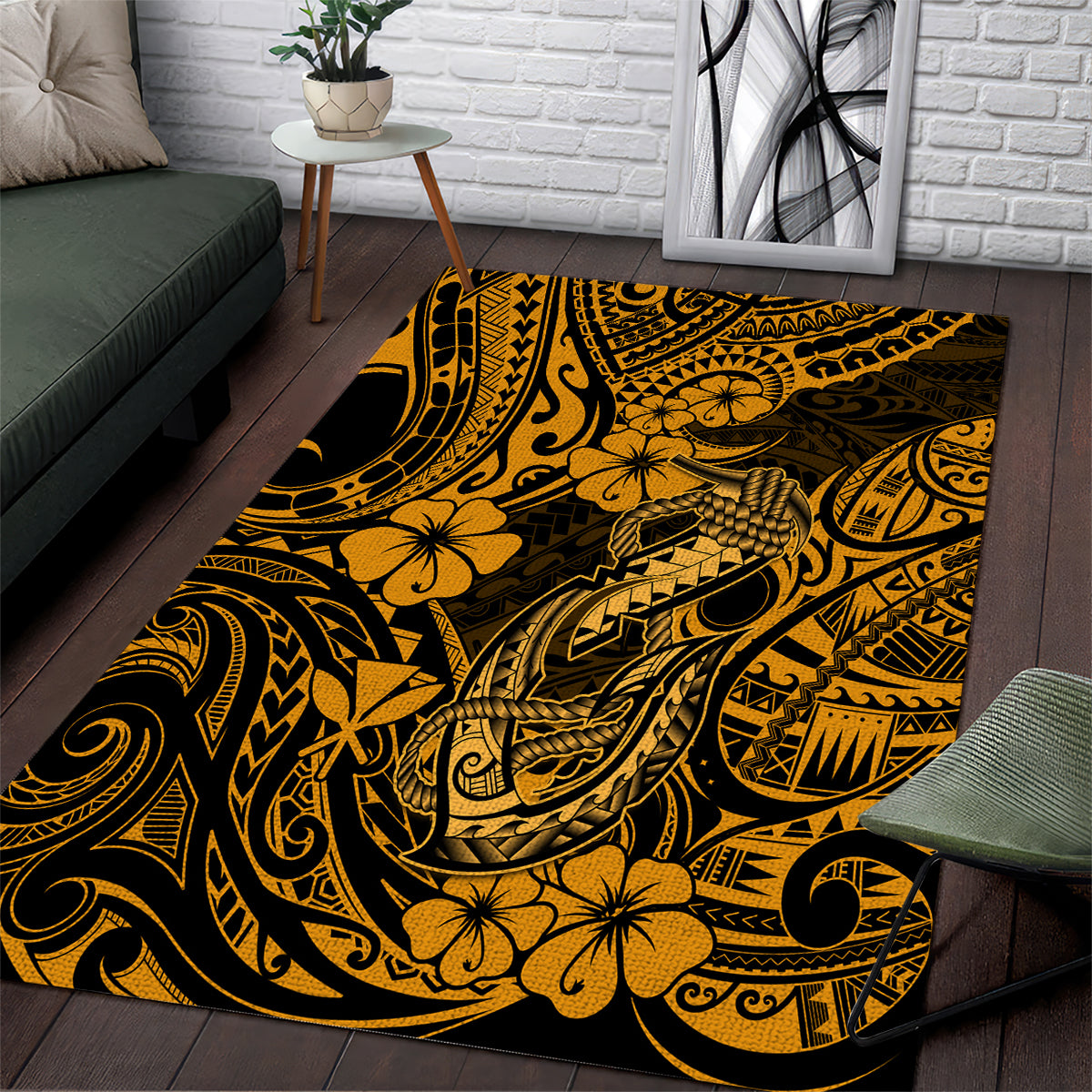Hawaii Fish Hook Area Rug Polynesian Pattern Gold Version - Wonder Print Shop