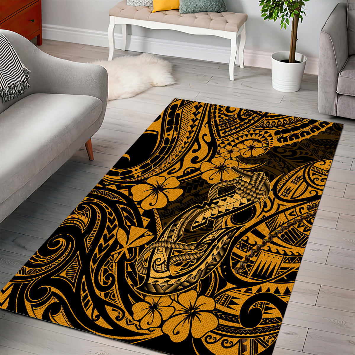 Hawaii Fish Hook Area Rug Polynesian Pattern Gold Version - Wonder Print Shop