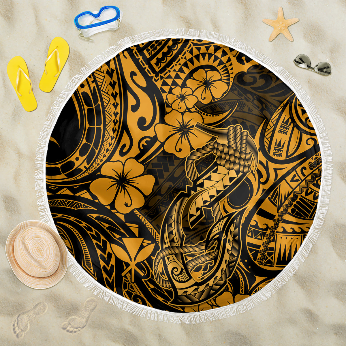Hawaii Fish Hook Beach Blanket Polynesian Pattern Gold Version - Wonder Print Shop