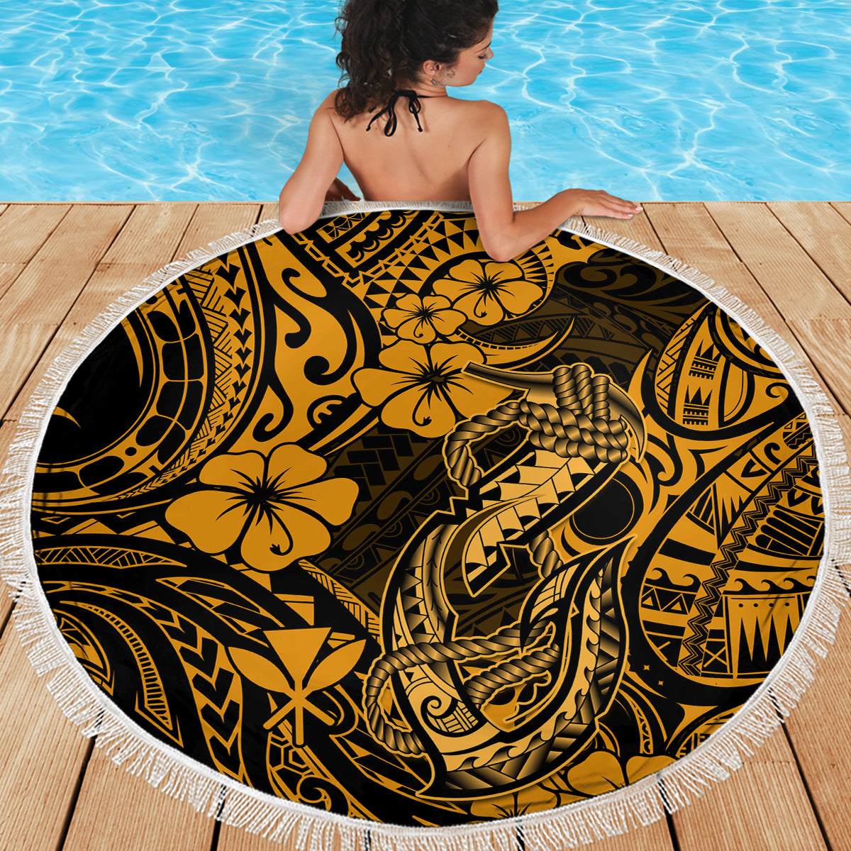 Hawaii Fish Hook Beach Blanket Polynesian Pattern Gold Version - Wonder Print Shop