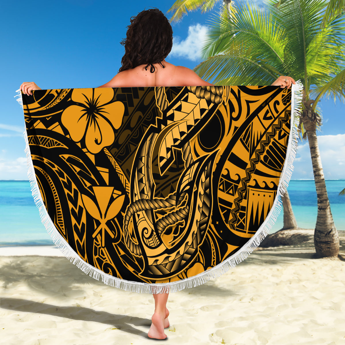 Hawaii Fish Hook Beach Blanket Polynesian Pattern Gold Version - Wonder Print Shop