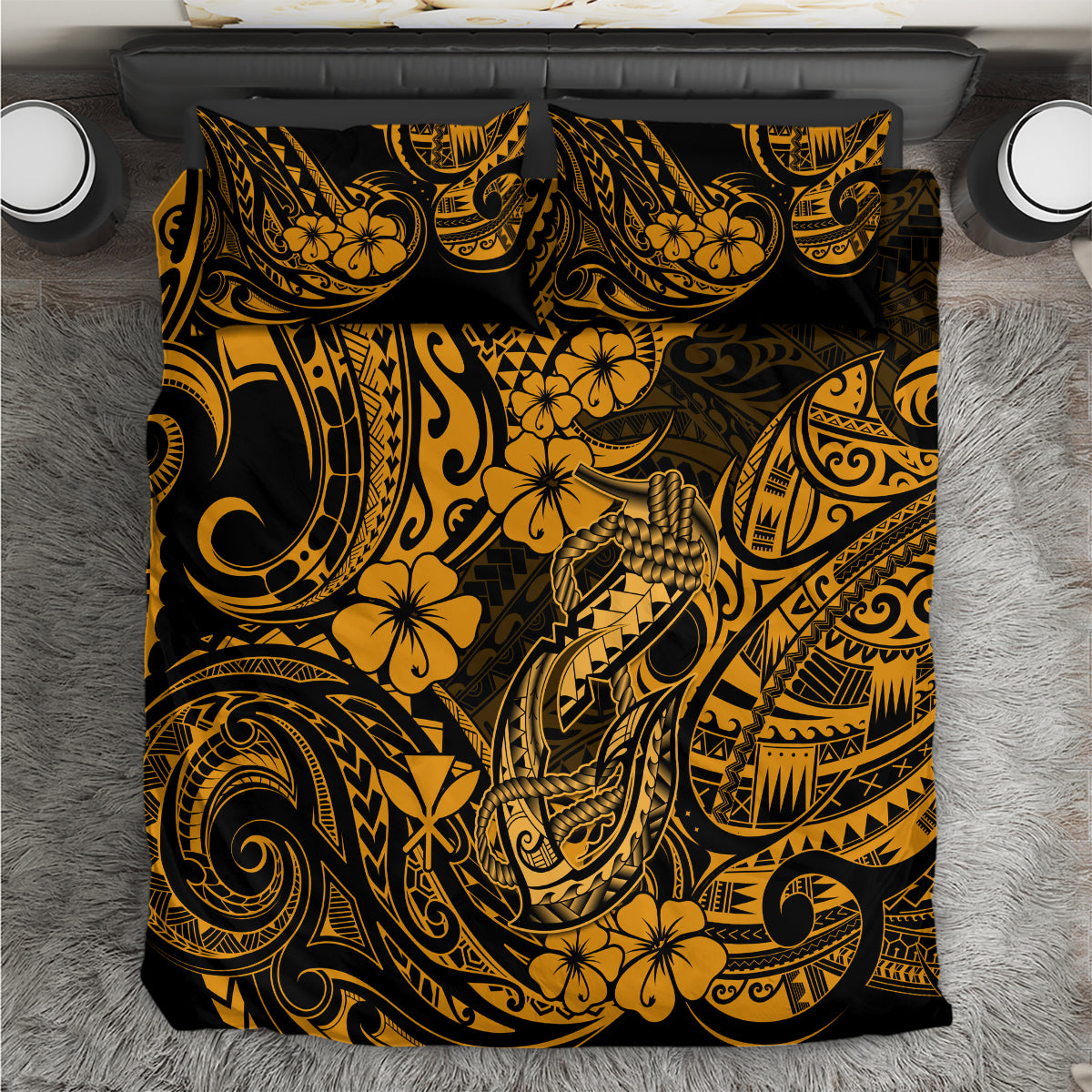 Hawaii Fish Hook Bedding Set Polynesian Pattern Gold Version - Wonder Print Shop