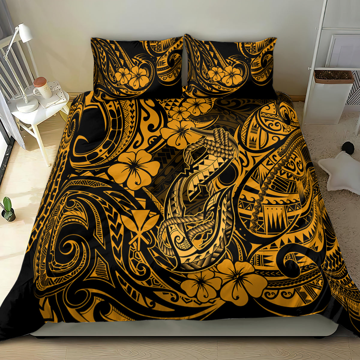 Hawaii Fish Hook Bedding Set Polynesian Pattern Gold Version - Wonder Print Shop