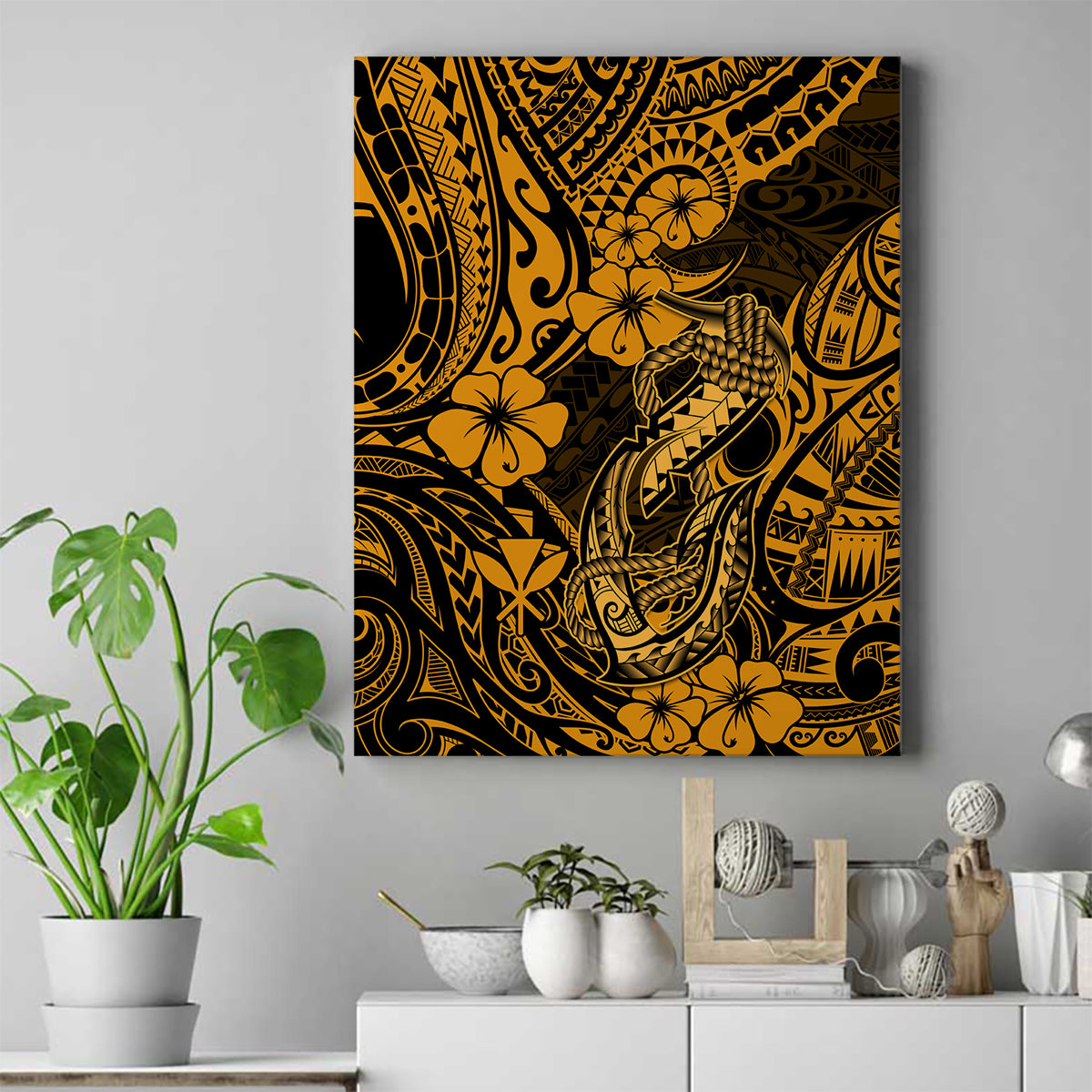 Hawaii Fish Hook Canvas Wall Art Polynesian Pattern Gold Version - Wonder Print Shop