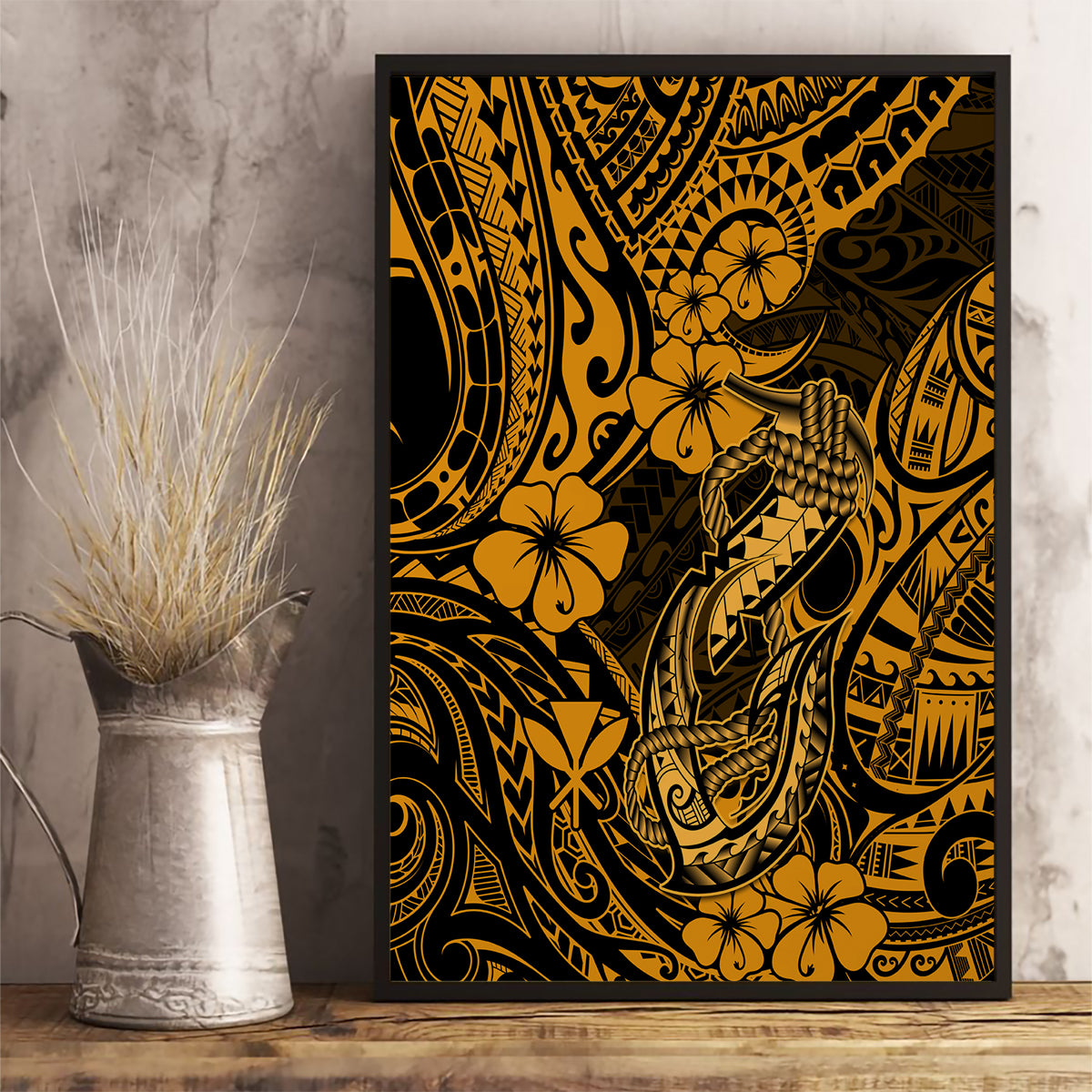 Hawaii Fish Hook Canvas Wall Art Polynesian Pattern Gold Version - Wonder Print Shop