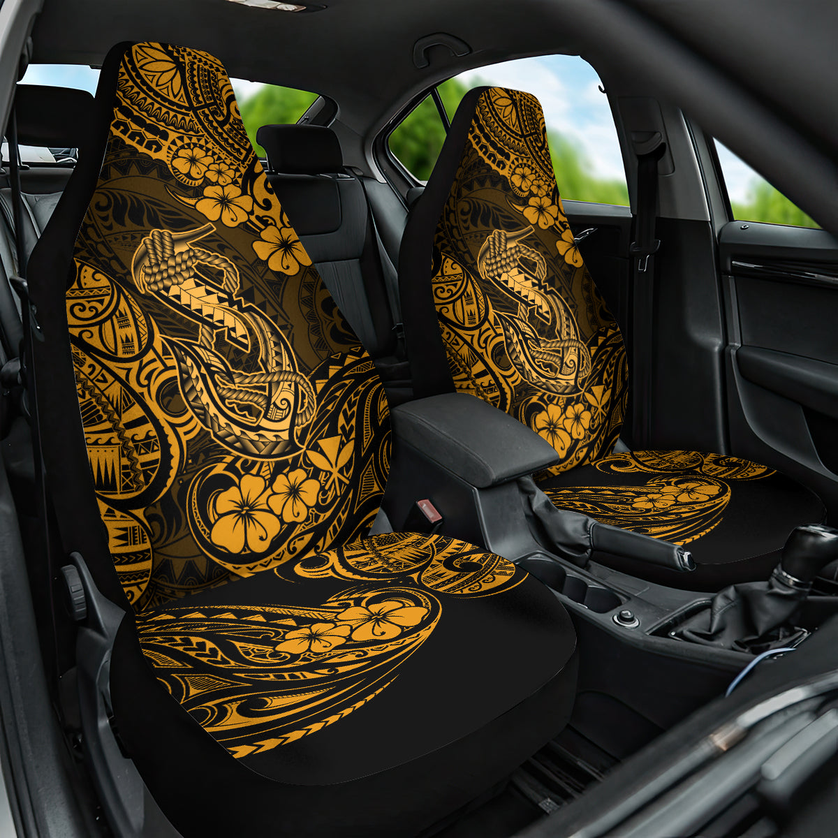 Hawaii Fish Hook Car Seat Cover Polynesian Pattern Gold Version - Wonder Print Shop
