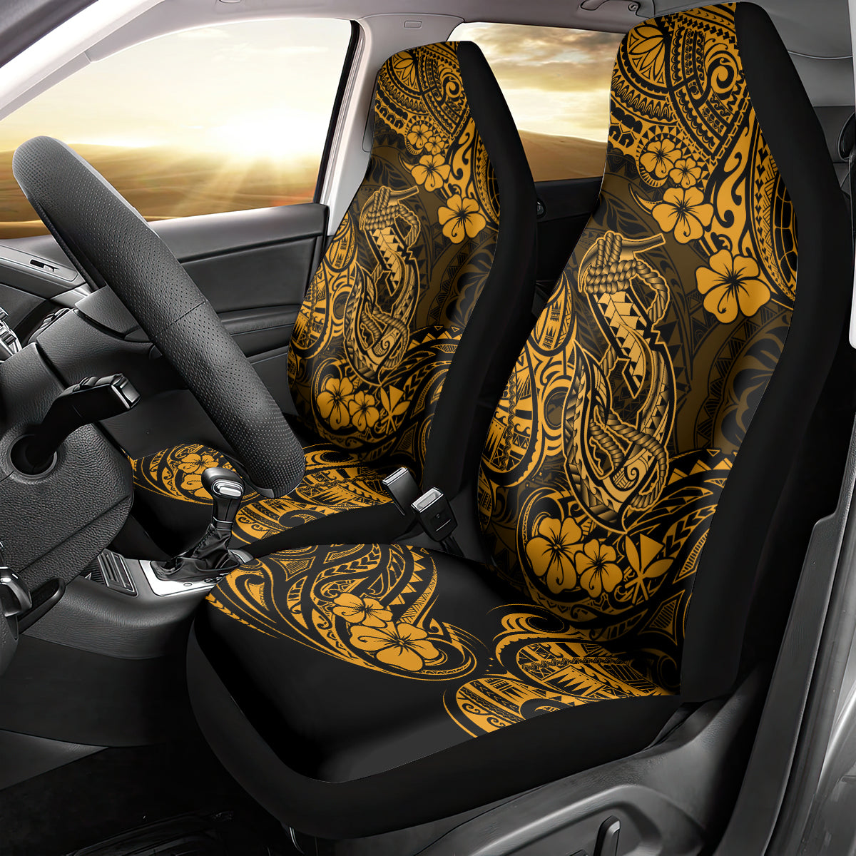 Hawaii Fish Hook Car Seat Cover Polynesian Pattern Gold Version - Wonder Print Shop