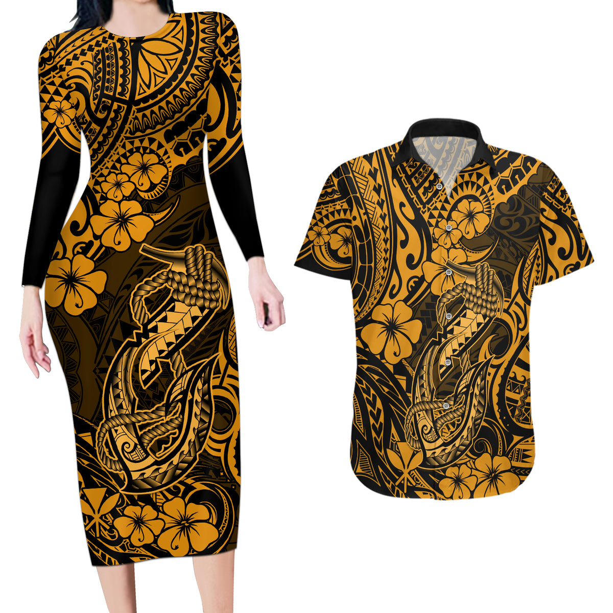 Hawaii Fish Hook Couples Matching Long Sleeve Bodycon Dress and Hawaiian Shirt Polynesian Pattern Gold Version - Wonder Print Shop