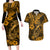 Hawaii Fish Hook Couples Matching Long Sleeve Bodycon Dress and Hawaiian Shirt Polynesian Pattern Gold Version - Wonder Print Shop