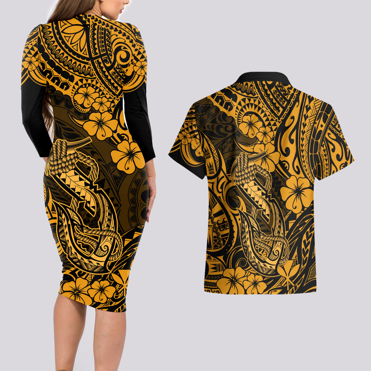 Hawaii Fish Hook Couples Matching Long Sleeve Bodycon Dress and Hawaiian Shirt Polynesian Pattern Gold Version - Wonder Print Shop