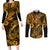 Hawaii Fish Hook Couples Matching Long Sleeve Bodycon Dress and Long Sleeve Button Shirts Polynesian Pattern Gold Version - Wonder Print Shop