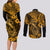 Hawaii Fish Hook Couples Matching Long Sleeve Bodycon Dress and Long Sleeve Button Shirts Polynesian Pattern Gold Version - Wonder Print Shop