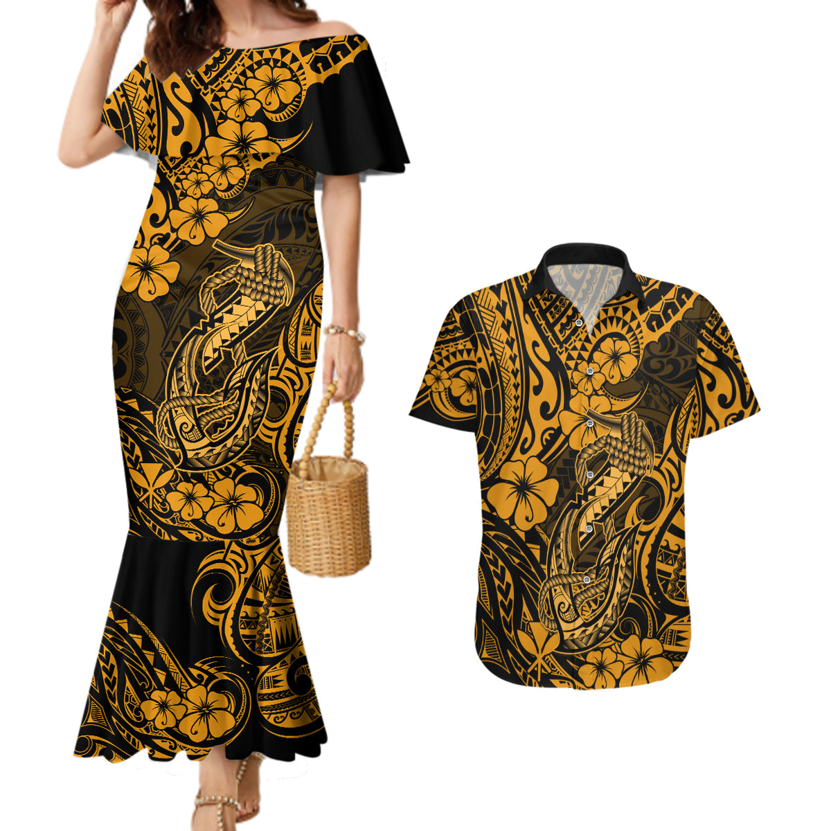 Hawaii Fish Hook Couples Matching Mermaid Dress and Hawaiian Shirt Polynesian Pattern Gold Version - Wonder Print Shop