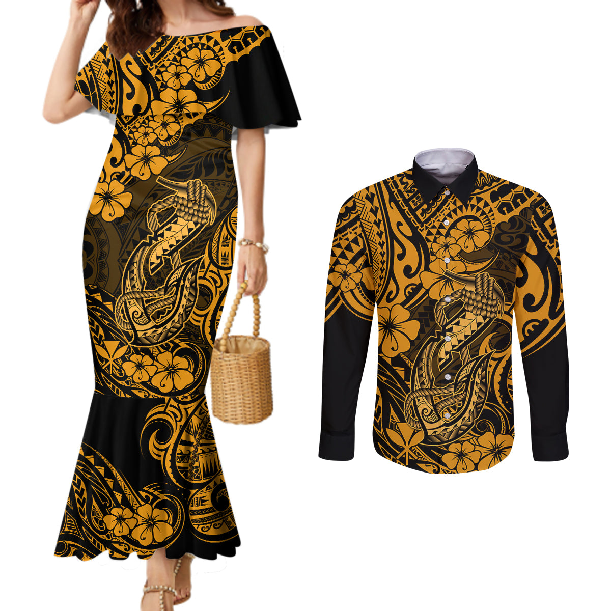 hawaii-fish-hook-couples-matching-mermaid-dress-and-long-sleeve-button-shirts-polynesian-pattern-gold-version