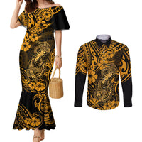 hawaii-fish-hook-couples-matching-mermaid-dress-and-long-sleeve-button-shirts-polynesian-pattern-gold-version