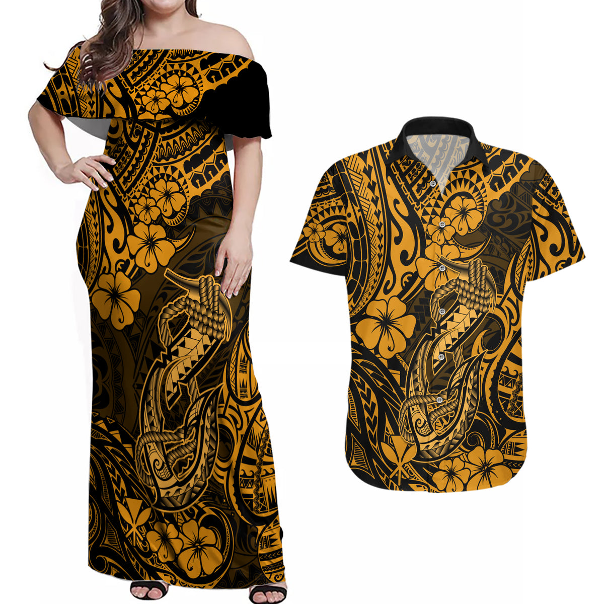 Hawaii Fish Hook Couples Matching Off Shoulder Maxi Dress and Hawaiian Shirt Polynesian Pattern Gold Version - Wonder Print Shop