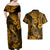 Hawaii Fish Hook Couples Matching Off Shoulder Maxi Dress and Hawaiian Shirt Polynesian Pattern Gold Version - Wonder Print Shop