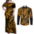 Hawaii Fish Hook Couples Matching Off Shoulder Maxi Dress and Long Sleeve Button Shirts Polynesian Pattern Gold Version - Wonder Print Shop
