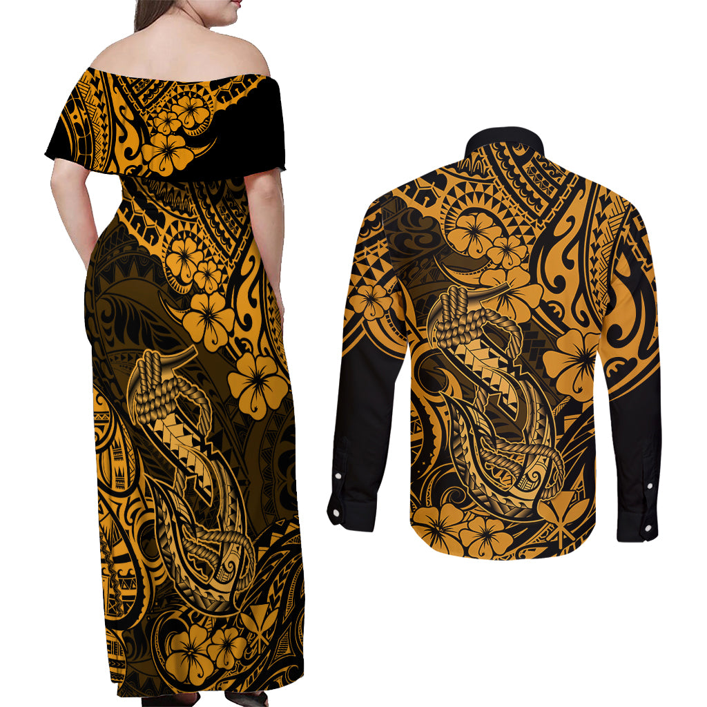 Hawaii Fish Hook Couples Matching Off Shoulder Maxi Dress and Long Sleeve Button Shirts Polynesian Pattern Gold Version - Wonder Print Shop