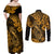 Hawaii Fish Hook Couples Matching Off Shoulder Maxi Dress and Long Sleeve Button Shirts Polynesian Pattern Gold Version - Wonder Print Shop