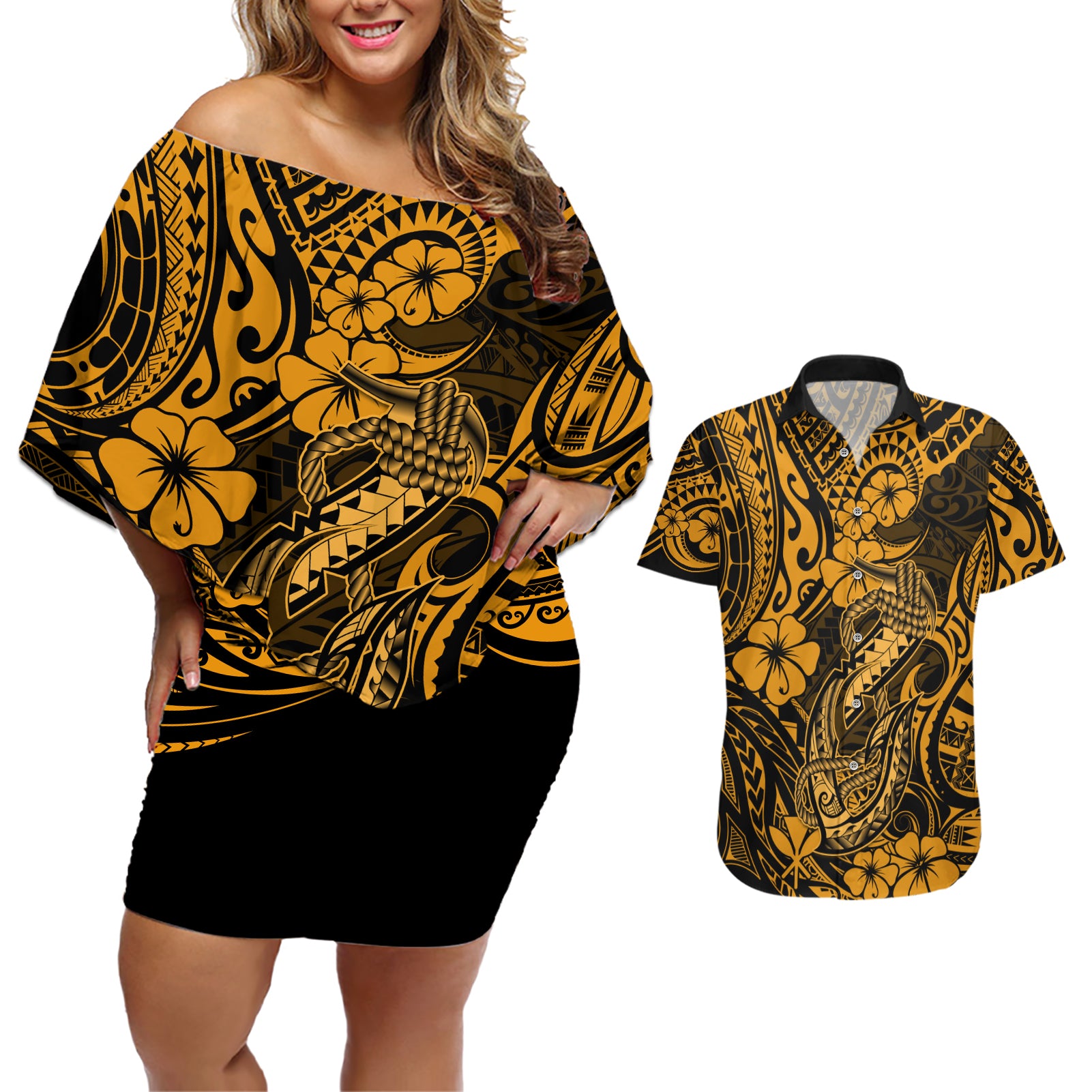 Hawaii Fish Hook Couples Matching Off Shoulder Short Dress and Hawaiian Shirt Polynesian Pattern Gold Version - Wonder Print Shop
