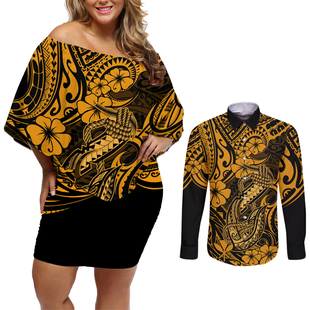Hawaii Fish Hook Couples Matching Off Shoulder Short Dress and Long Sleeve Button Shirts Polynesian Pattern Gold Version - Wonder Print Shop