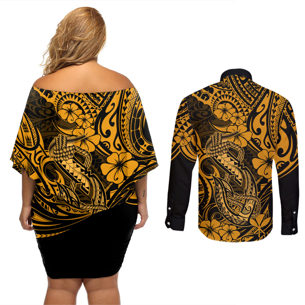 Hawaii Fish Hook Couples Matching Off Shoulder Short Dress and Long Sleeve Button Shirts Polynesian Pattern Gold Version - Wonder Print Shop