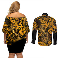 Hawaii Fish Hook Couples Matching Off Shoulder Short Dress and Long Sleeve Button Shirts Polynesian Pattern Gold Version - Wonder Print Shop