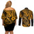Hawaii Fish Hook Couples Matching Off Shoulder Short Dress and Long Sleeve Button Shirts Polynesian Pattern Gold Version - Wonder Print Shop