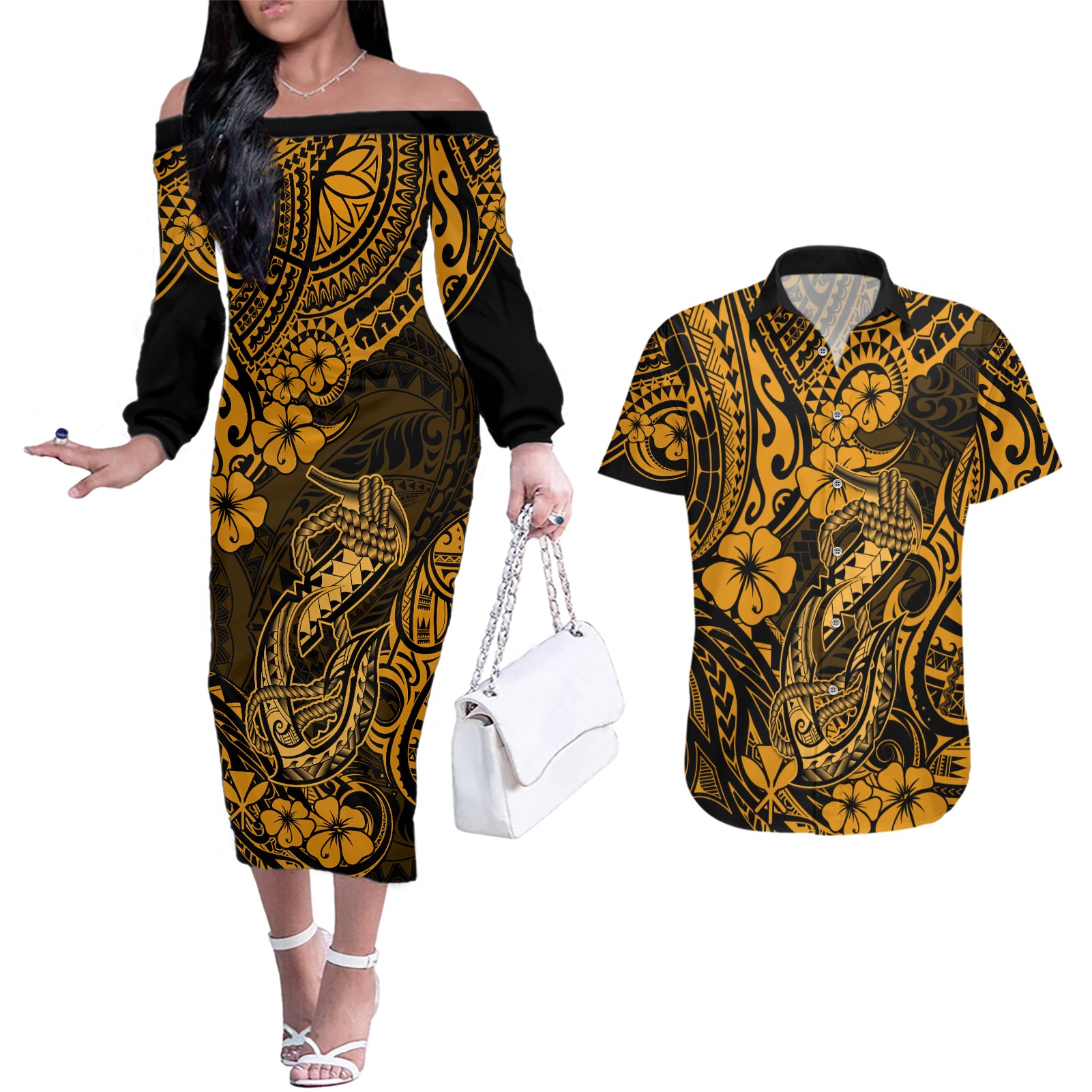 Hawaii Fish Hook Couples Matching Off The Shoulder Long Sleeve Dress and Hawaiian Shirt Polynesian Pattern Gold Version - Wonder Print Shop