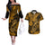 Hawaii Fish Hook Couples Matching Off The Shoulder Long Sleeve Dress and Hawaiian Shirt Polynesian Pattern Gold Version - Wonder Print Shop