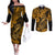 hawaii-fish-hook-couples-matching-off-the-shoulder-long-sleeve-dress-and-long-sleeve-button-shirts-polynesian-pattern-gold-version