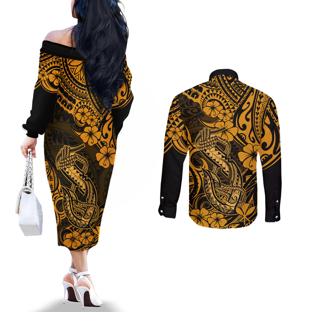 hawaii-fish-hook-couples-matching-off-the-shoulder-long-sleeve-dress-and-long-sleeve-button-shirts-polynesian-pattern-gold-version