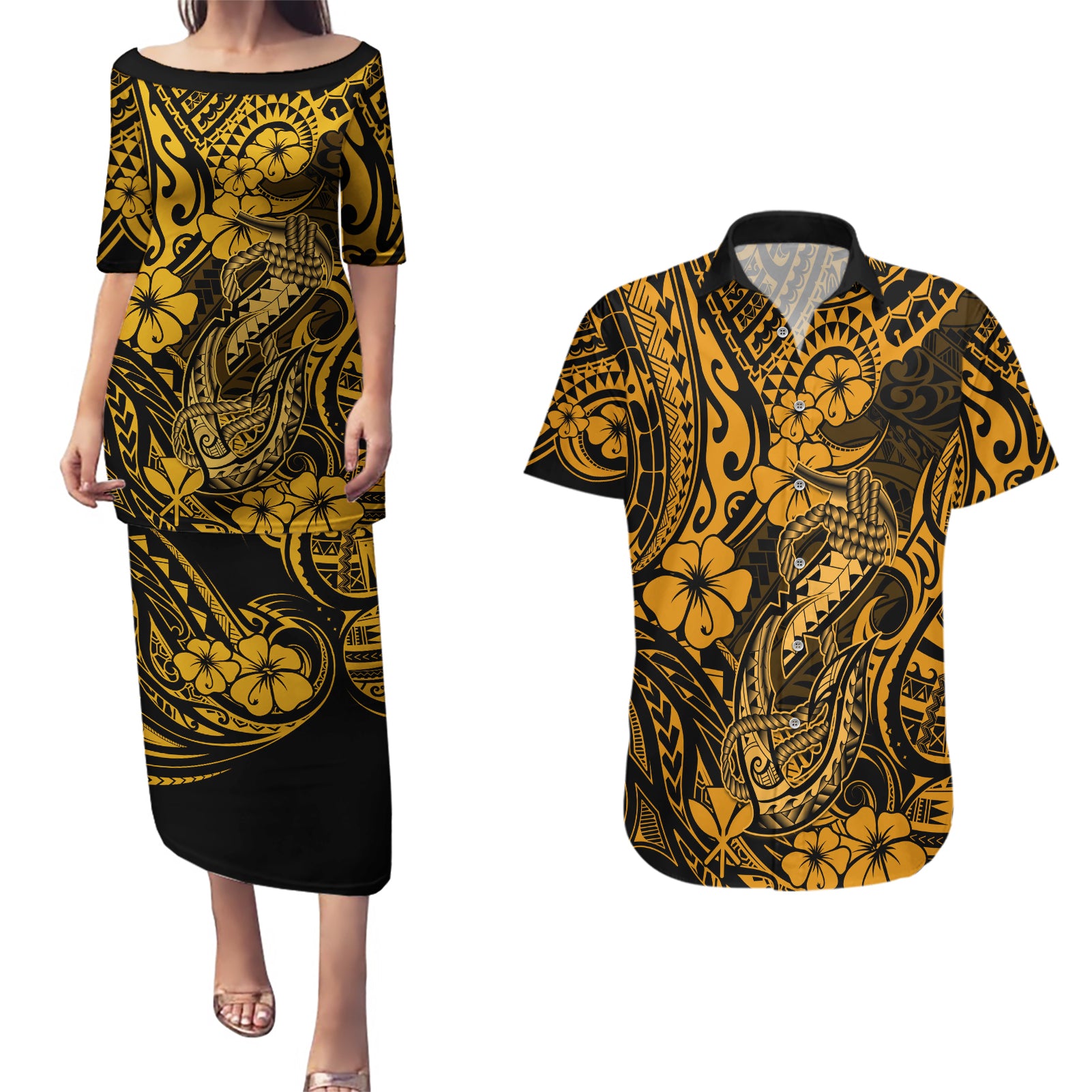 Hawaii Fish Hook Couples Matching Puletasi Dress and Hawaiian Shirt Polynesian Pattern Gold Version - Wonder Print Shop
