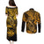 Hawaii Fish Hook Couples Matching Puletasi Dress and Long Sleeve Button Shirts Polynesian Pattern Gold Version - Wonder Print Shop