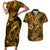 Hawaii Fish Hook Couples Matching Short Sleeve Bodycon Dress and Hawaiian Shirt Polynesian Pattern Gold Version - Wonder Print Shop
