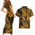 Hawaii Fish Hook Couples Matching Short Sleeve Bodycon Dress and Hawaiian Shirt Polynesian Pattern Gold Version - Wonder Print Shop
