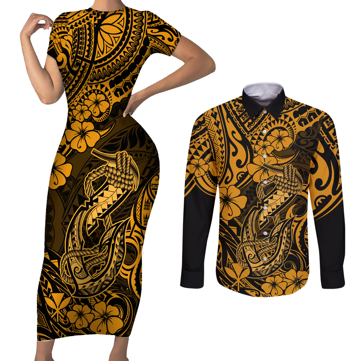 Hawaii Fish Hook Couples Matching Short Sleeve Bodycon Dress and Long Sleeve Button Shirts Polynesian Pattern Gold Version - Wonder Print Shop