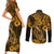 Hawaii Fish Hook Couples Matching Short Sleeve Bodycon Dress and Long Sleeve Button Shirts Polynesian Pattern Gold Version - Wonder Print Shop
