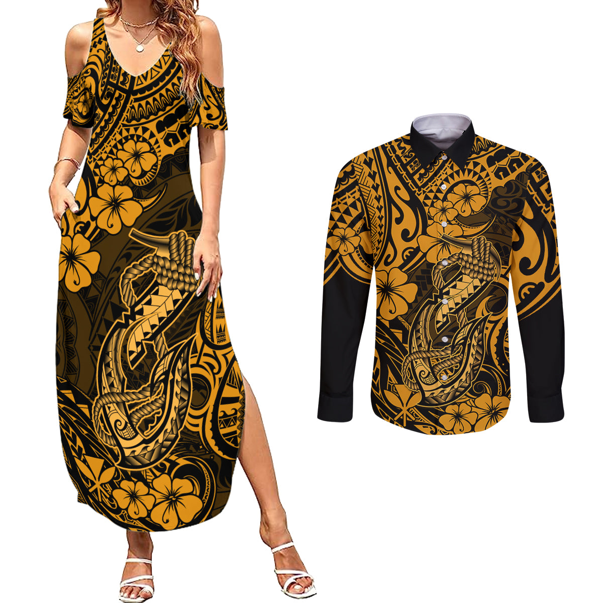 Hawaii Fish Hook Couples Matching Summer Maxi Dress and Long Sleeve Button Shirts Polynesian Pattern Gold Version - Wonder Print Shop