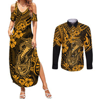 Hawaii Fish Hook Couples Matching Summer Maxi Dress and Long Sleeve Button Shirts Polynesian Pattern Gold Version - Wonder Print Shop