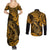 Hawaii Fish Hook Couples Matching Summer Maxi Dress and Long Sleeve Button Shirts Polynesian Pattern Gold Version - Wonder Print Shop