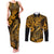 Hawaii Fish Hook Couples Matching Tank Maxi Dress and Long Sleeve Button Shirts Polynesian Pattern Gold Version - Wonder Print Shop